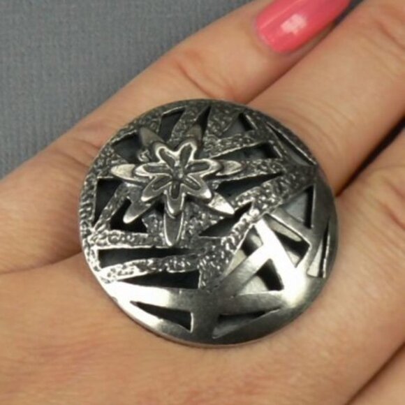 Addy Ronen LARGE Flower Round Sterling SILVER Ring - Picture 2 of 7